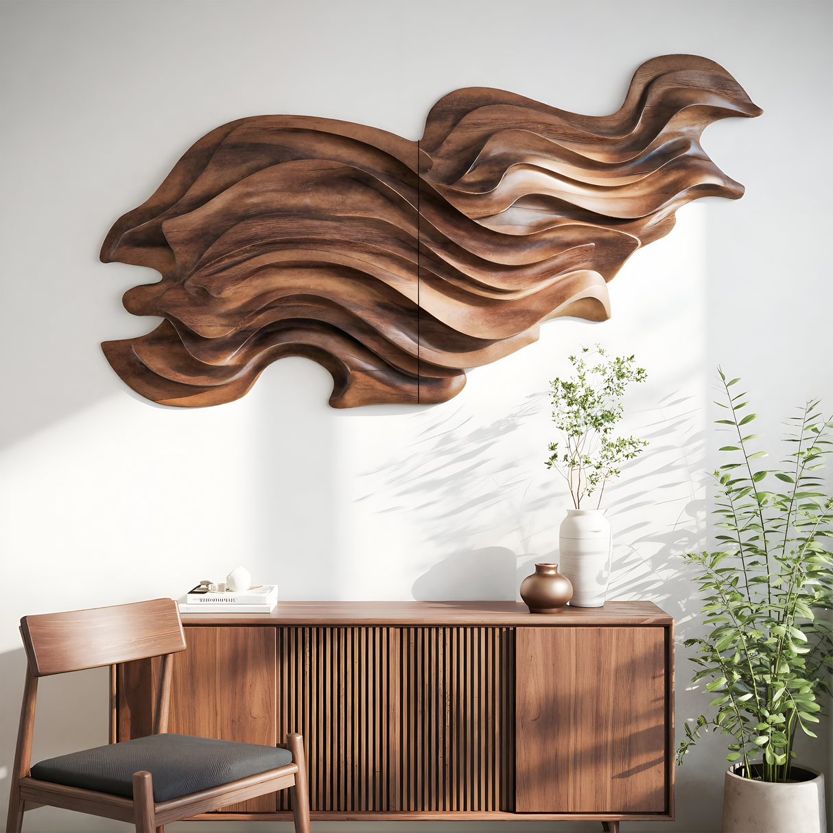Flowing Wave Wall Sculpture With Abstract Carving For Living Room
