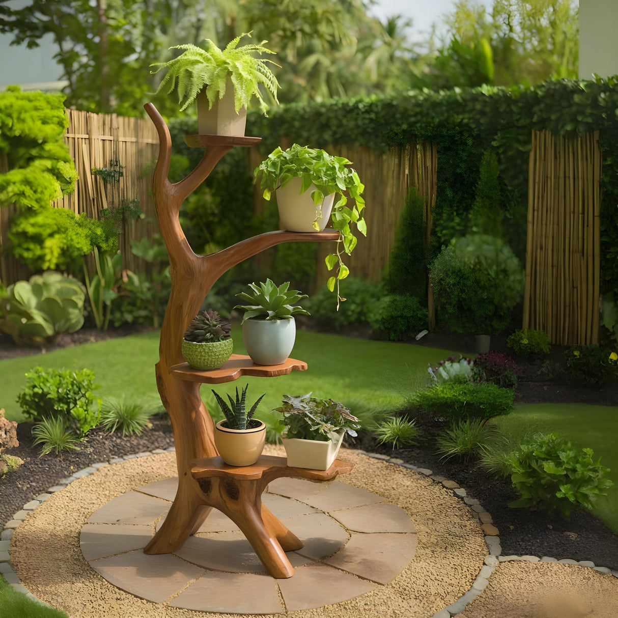 Organic Tree Branch Plant Stand For Garden And Patio Use