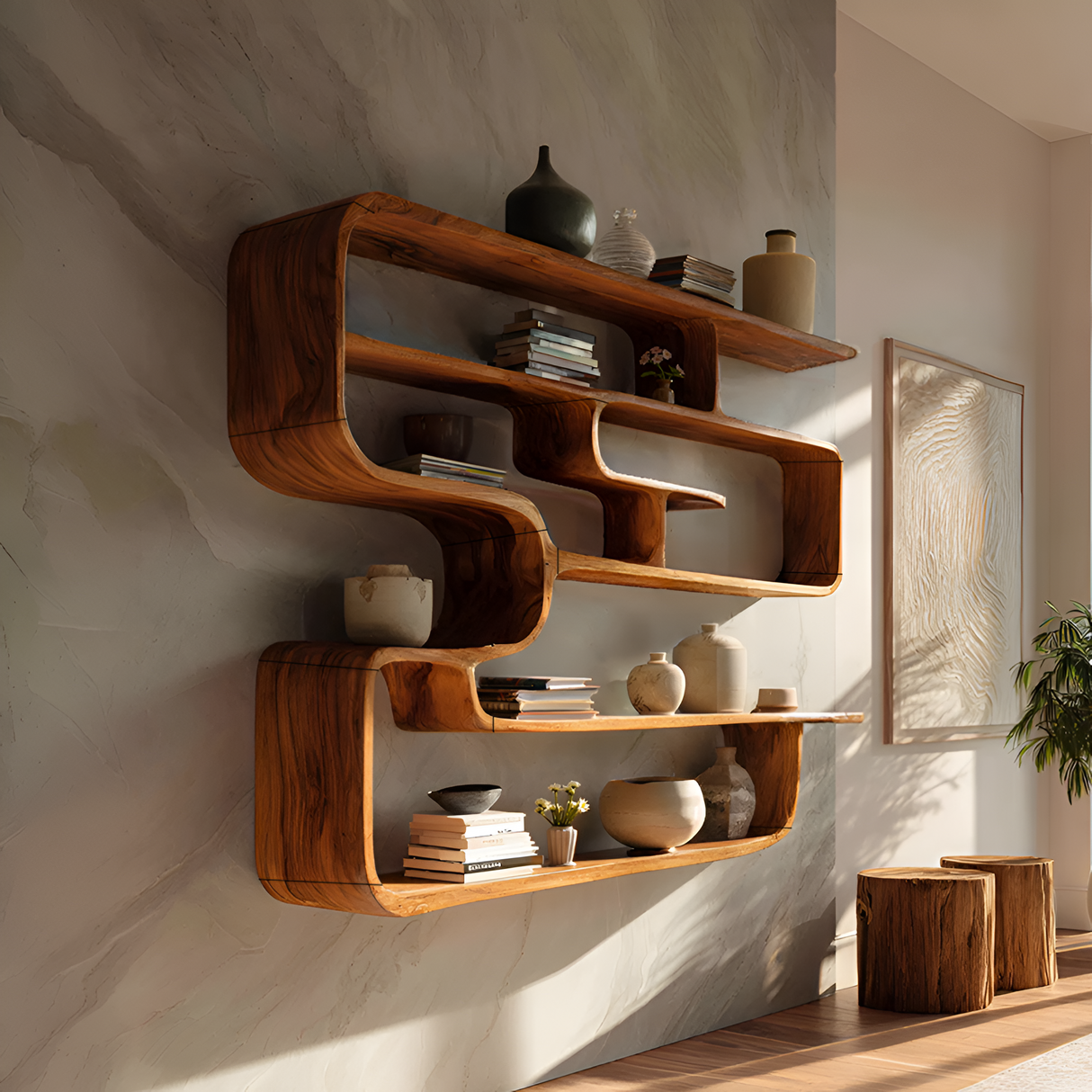 Rustic Live Edge Shelving Unit For Living Room Storage Display