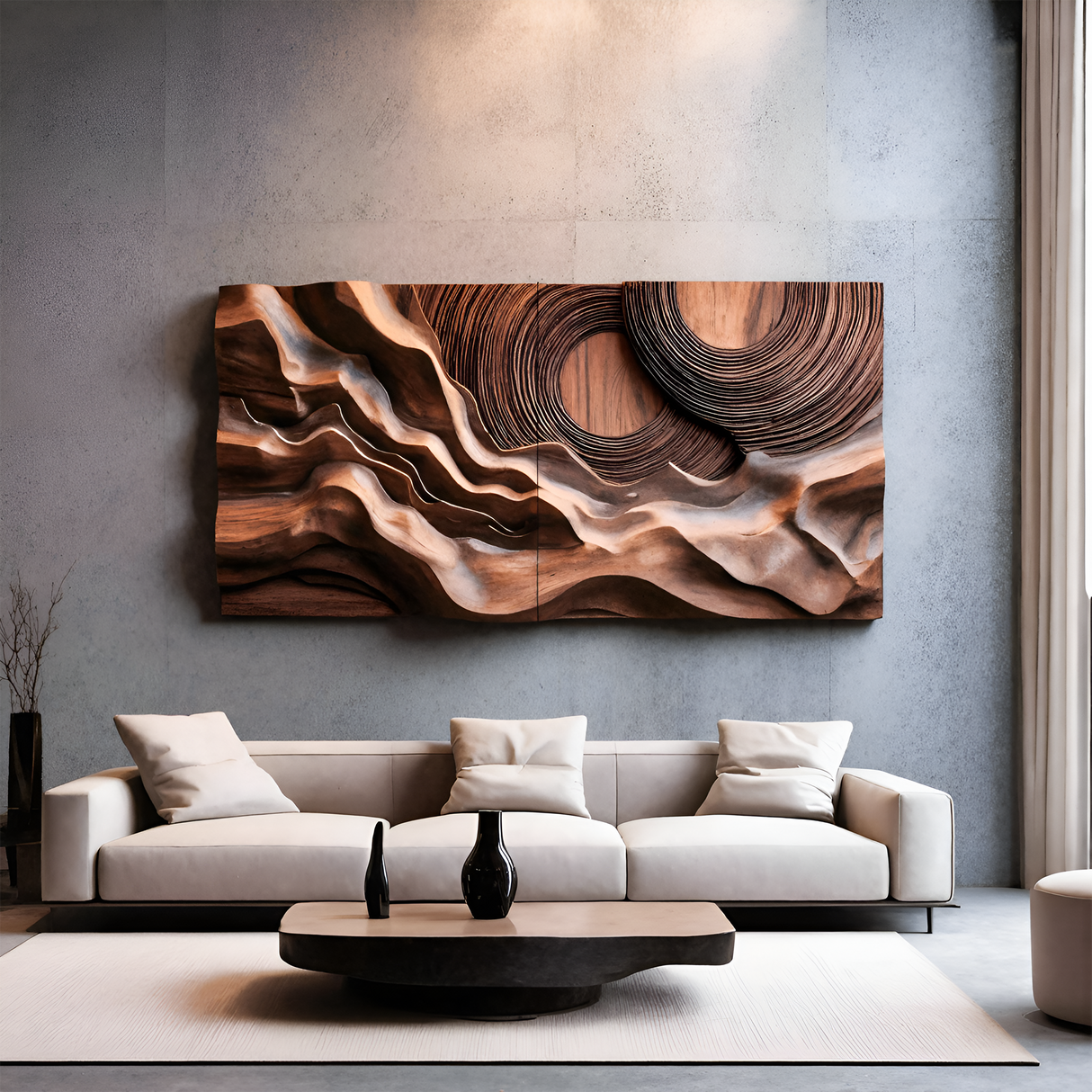 Layered Wave Wall Sculpture With Abstract Circles For Living Room