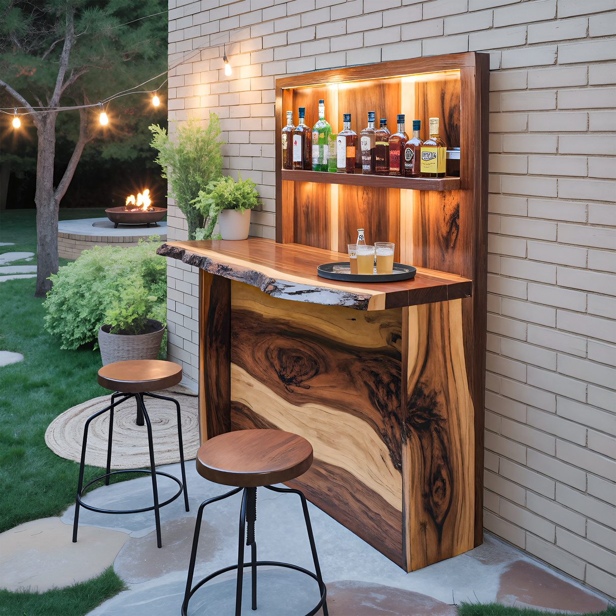 Rustic Live Edge Outdoor Bar Counter With Shelves For Patio