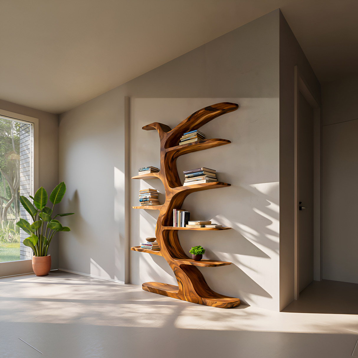Modern Bookshelf Tree Inspired Curved Design For Living Room