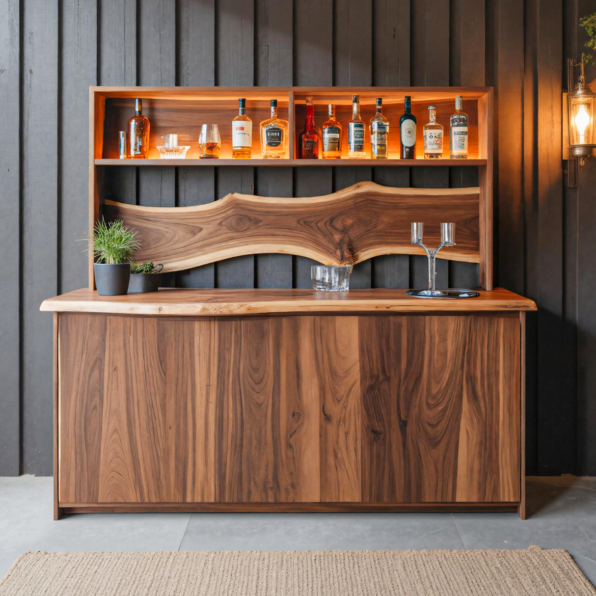 Modern Live Edge Indoor Bar Table With Wave Shelf For Home Lounge
