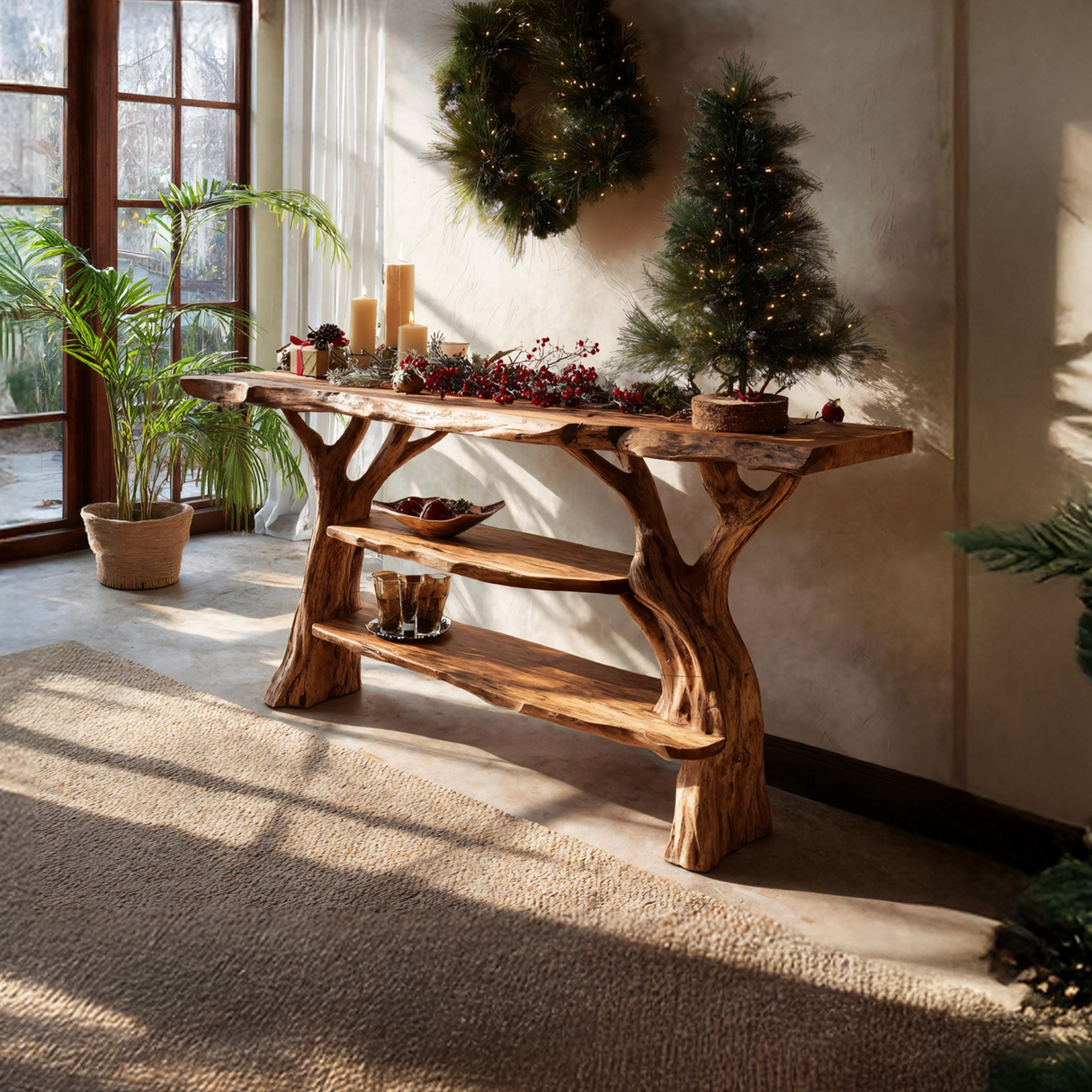 Rustic Handcrafted Wooden Console Table For Christmas Entryway Decor
