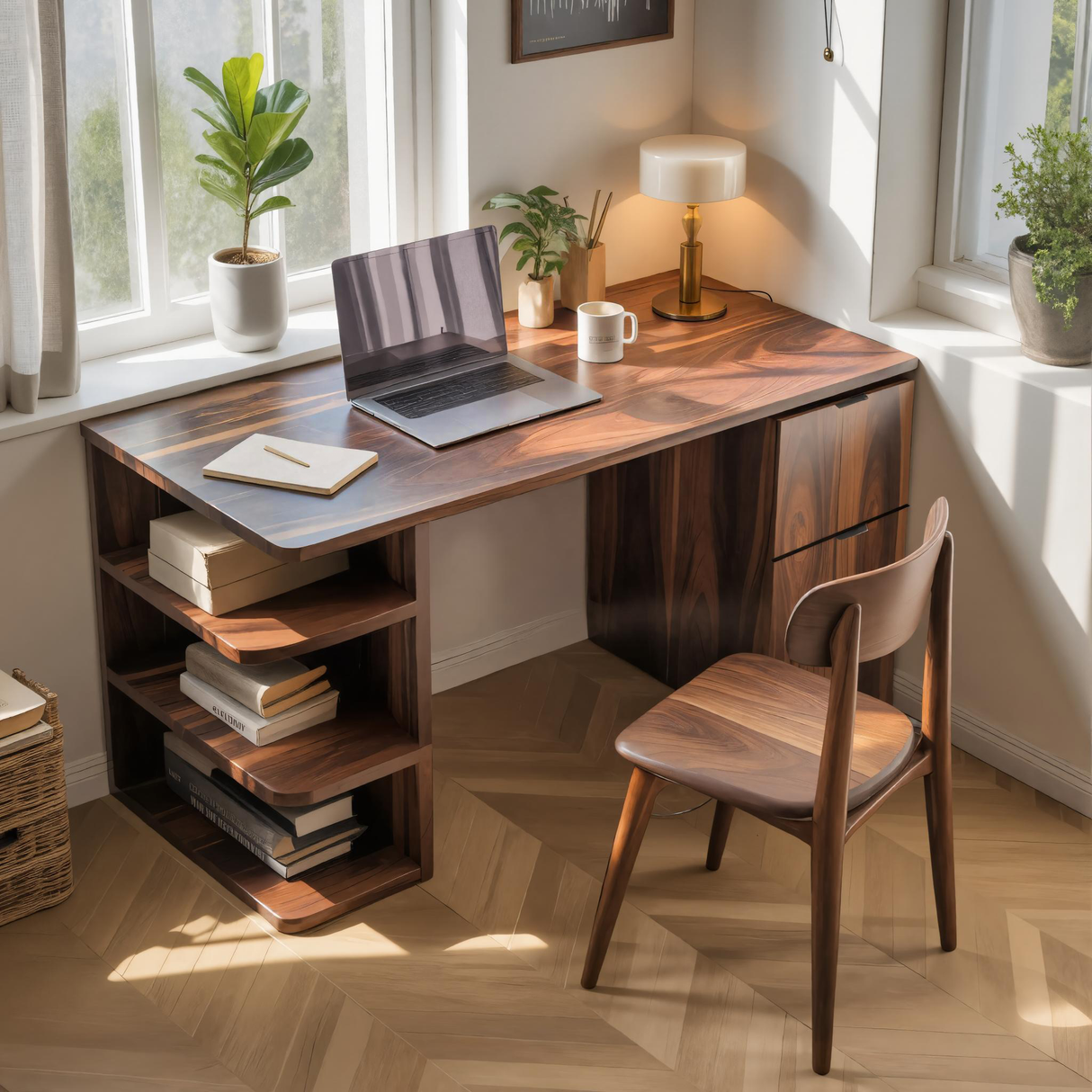 Contemporary Wooden Desk With Shelves And Drawers For Home Office