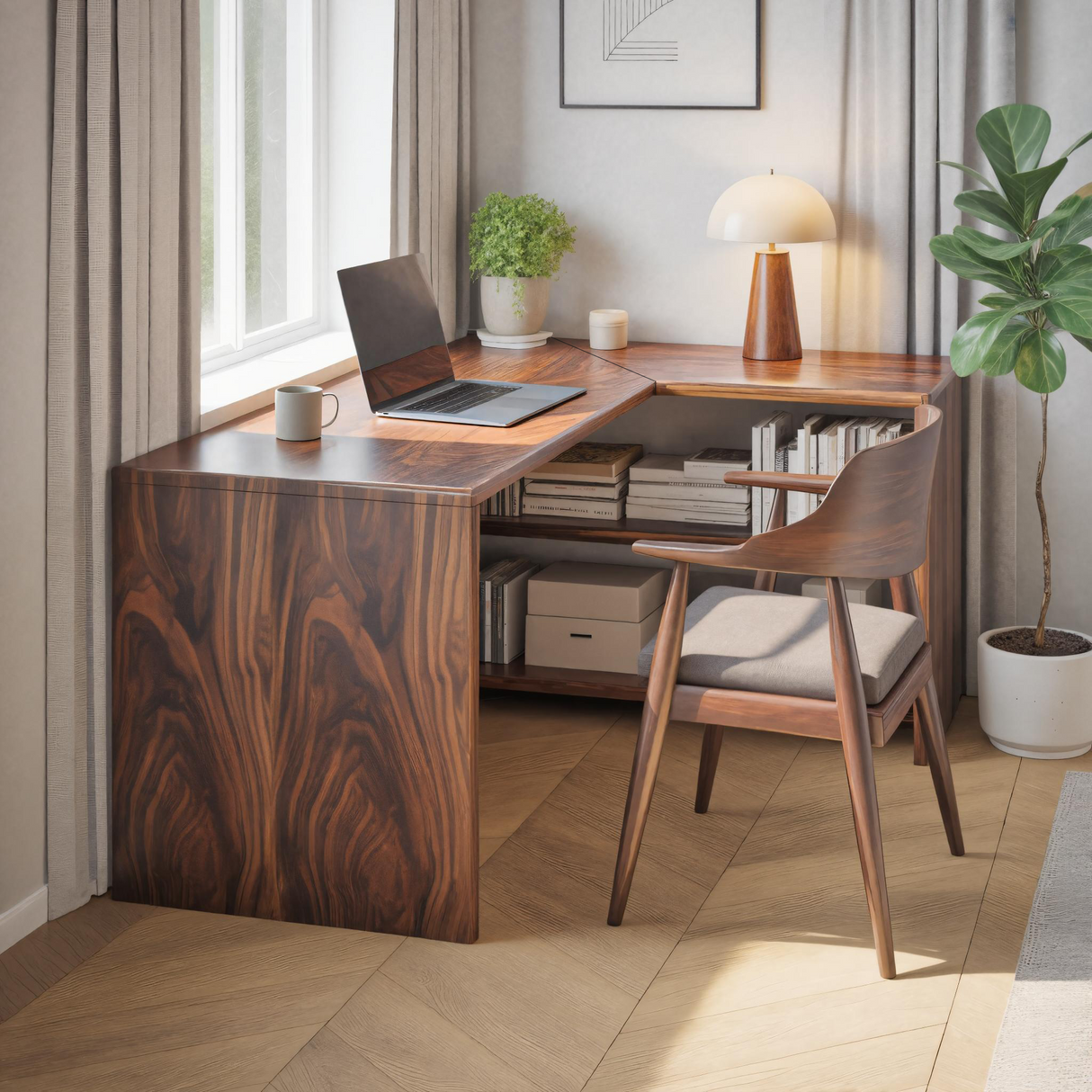 Modern L Shaped Wooden Desk With Bookshelf For Home Office Or Study
