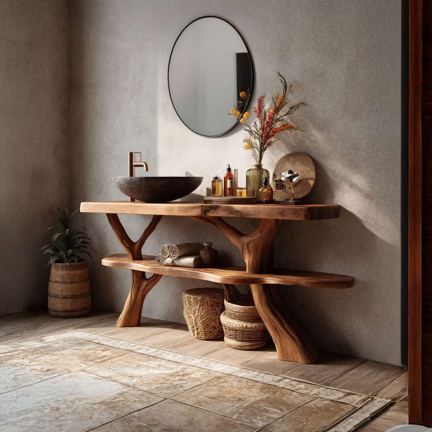 Modern Wooden Live Edge Bathroom Vanity For Elegant Bathroom Interior