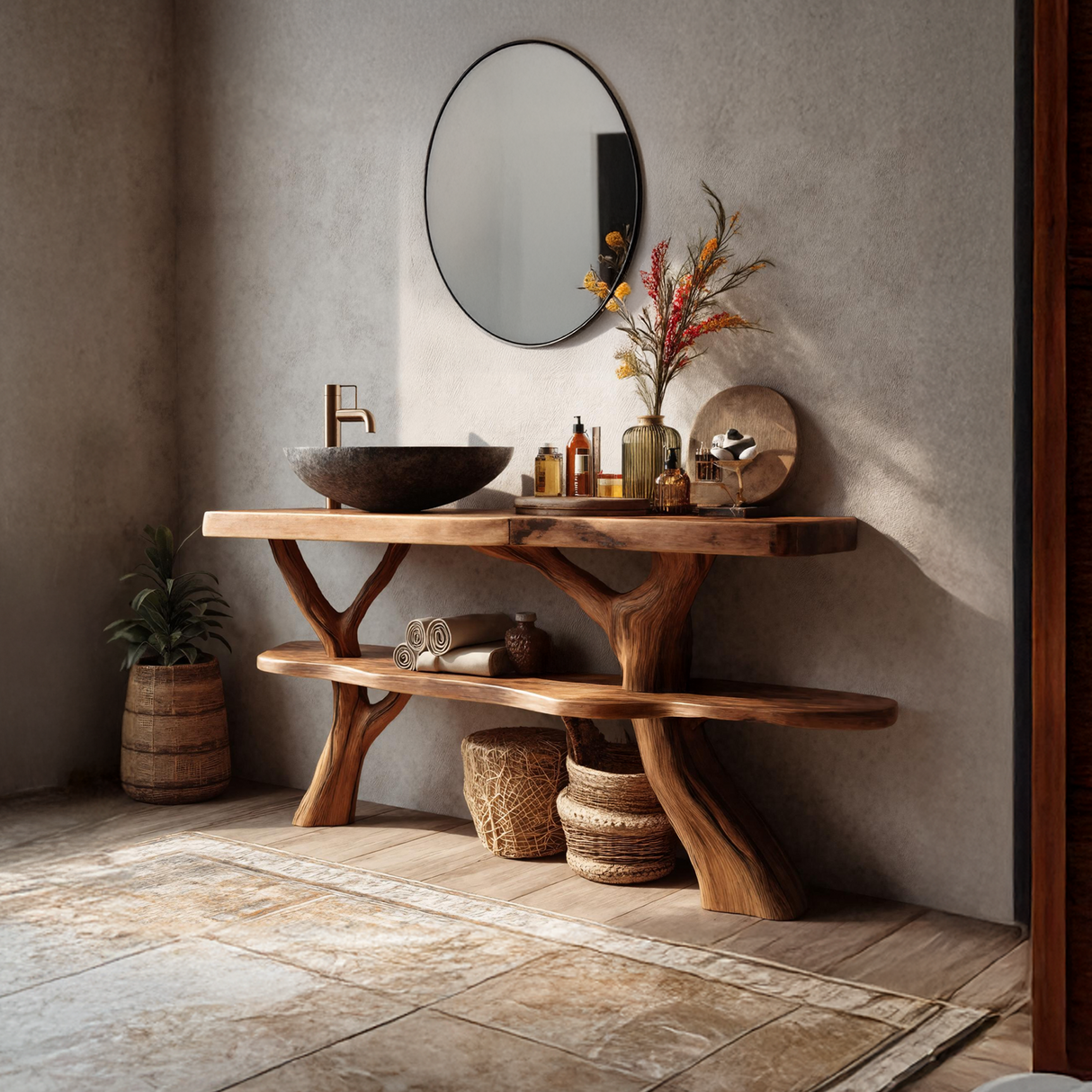 Modern Wooden Live Edge Bathroom Vanity For Elegant Bathroom Interior