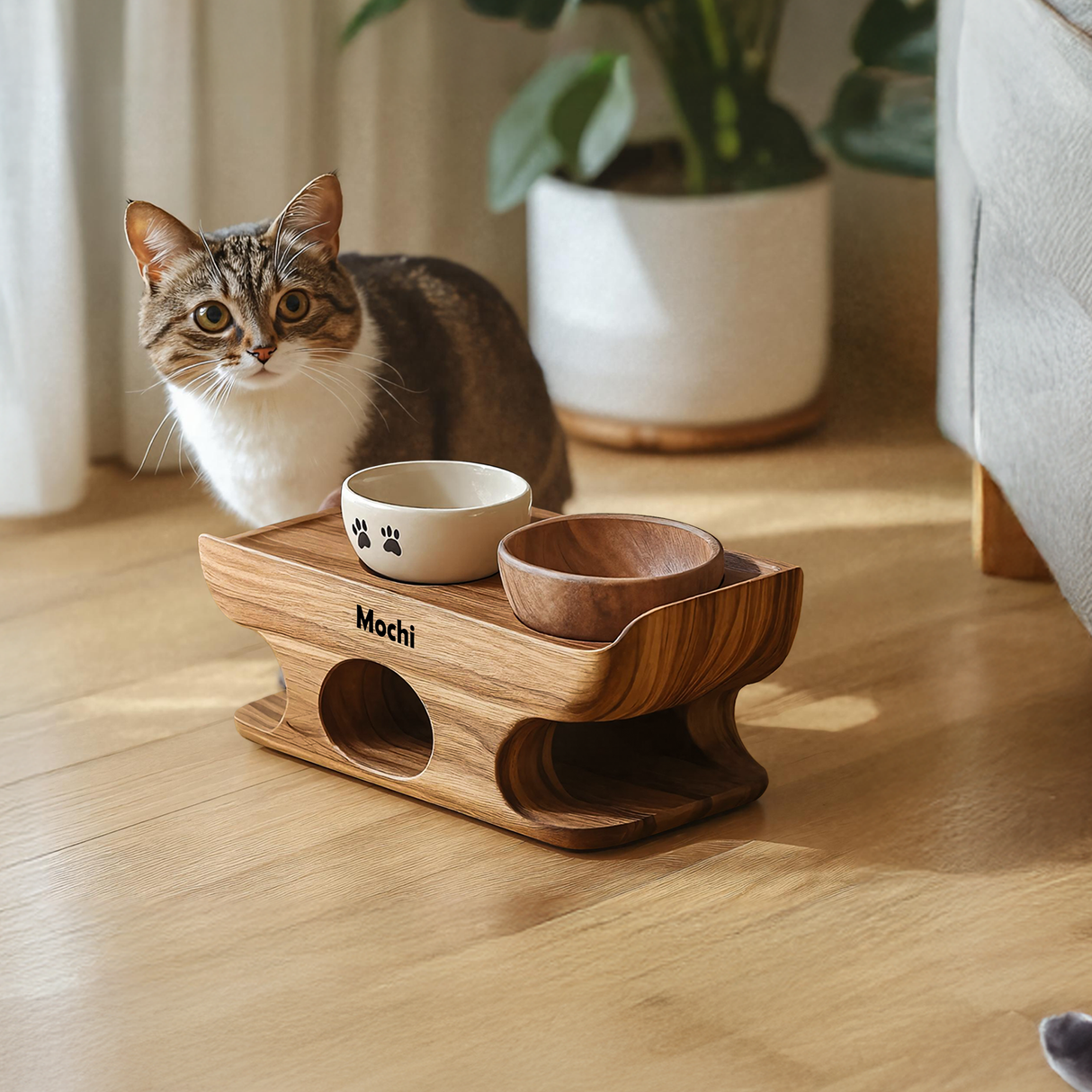 Mid Century Dog Food Bowl Stand With Wooden Base