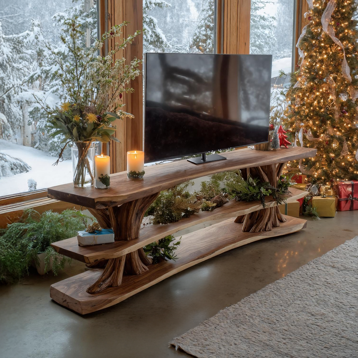 Modern Wooden Live Edge TV Console For Cozy Winter Living Room