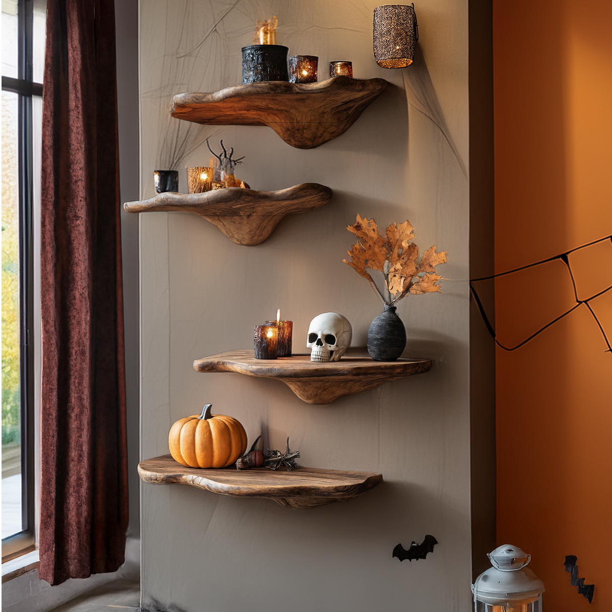 Farmhouse Solid Wood Mushroom Shelf For Halloween Entryway Style