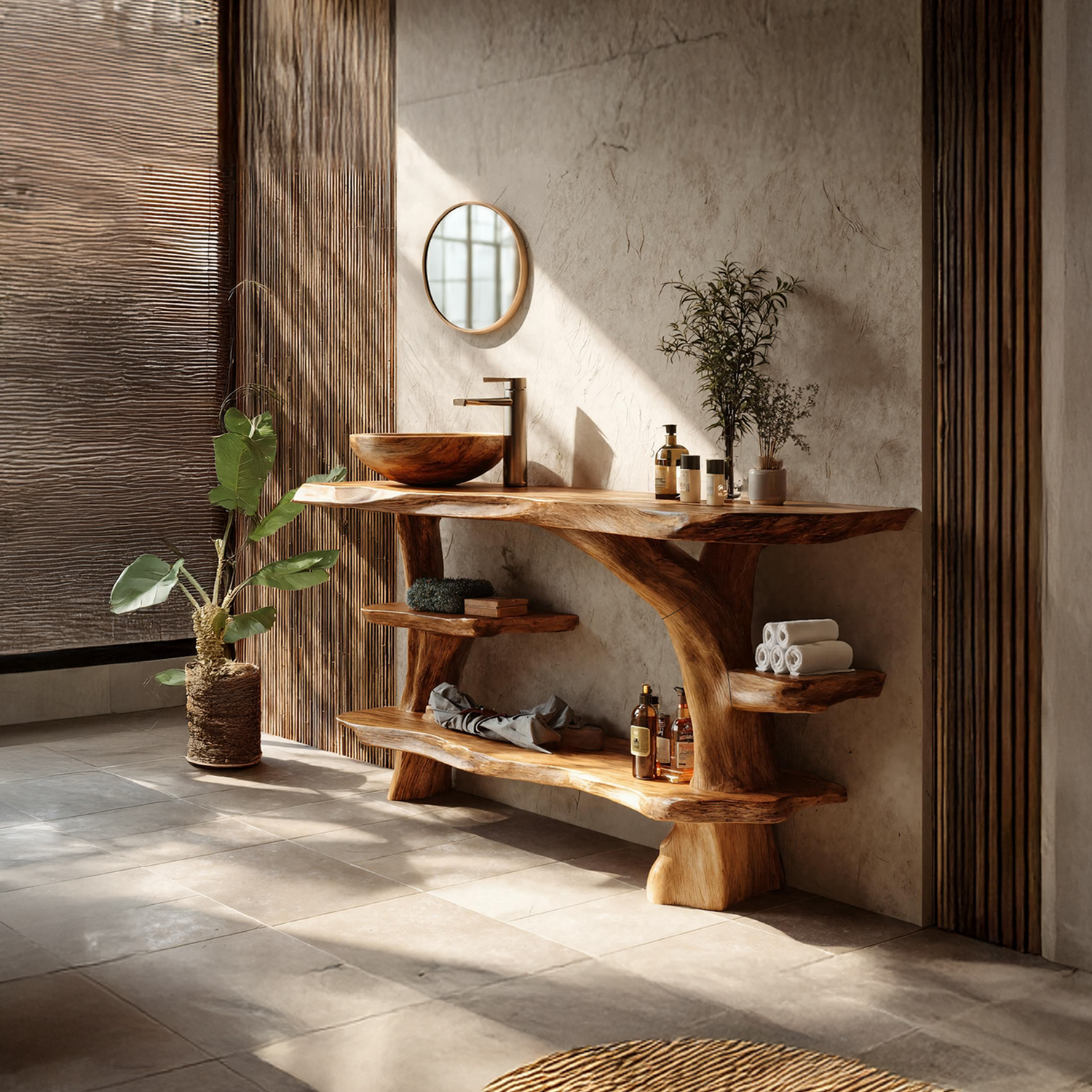 Mid Century Live Edge Tree Trunk Vanity For Modern Interior Bathroom Decor