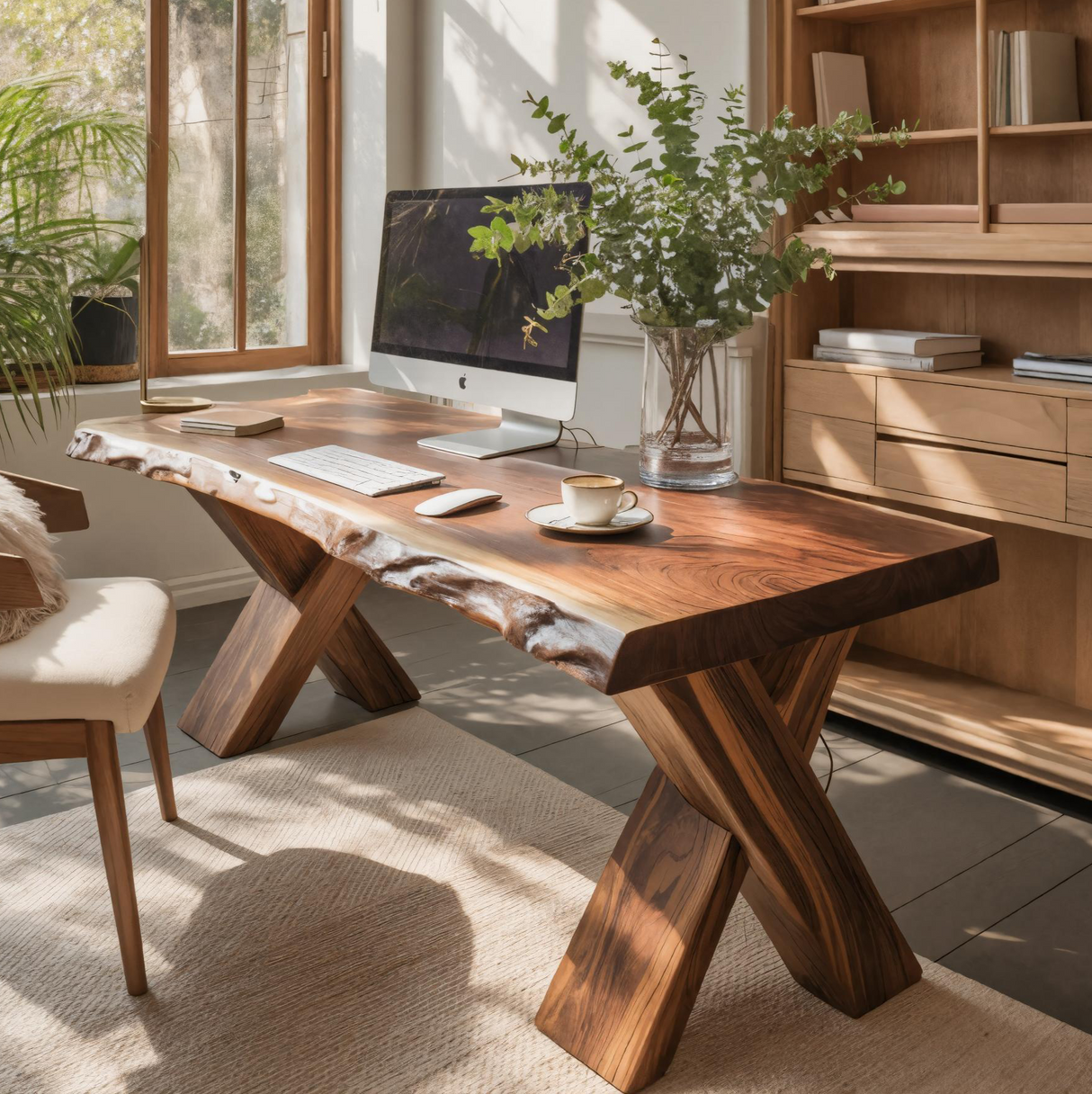 Live Edge Wooden Desk With X Legs For Rustic Home Office Or Studio