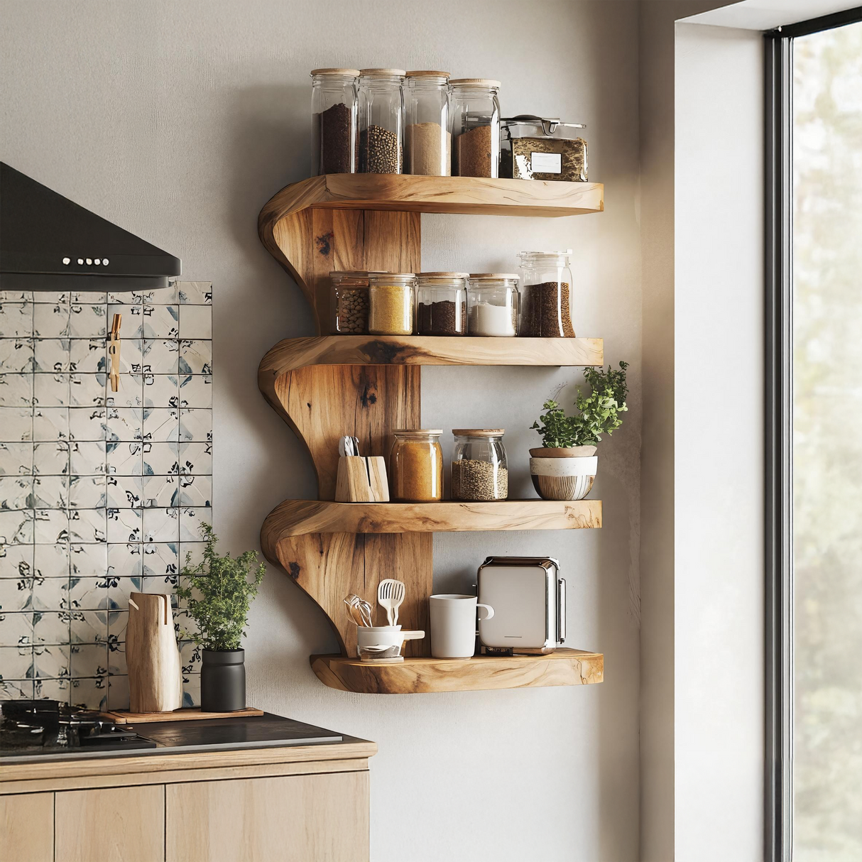 Mid Century Kitchen Decor With Wooden Spice Organizer