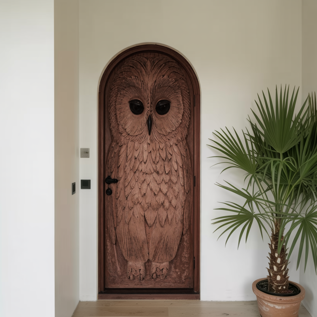Whimsical Owl Carved Entry Door For Home Garden