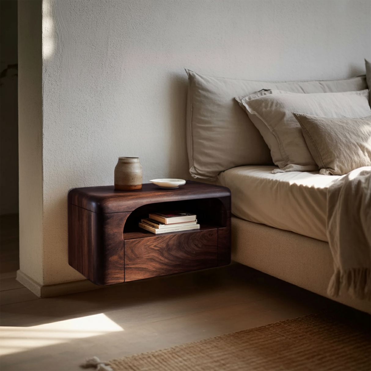 Organic Wall Mounted Bedside Table With Drawer For Bedroom