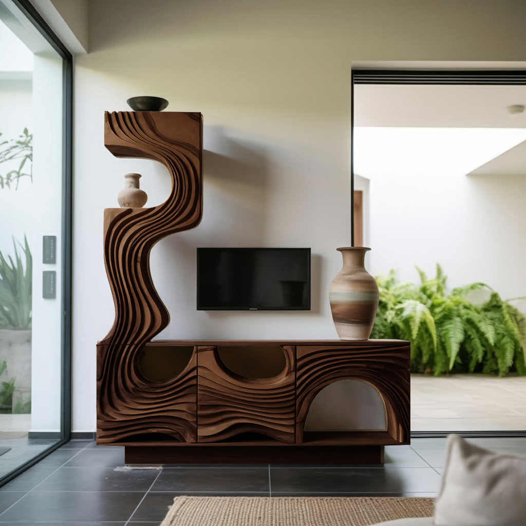 Wavy Sculptural TV Console Media Cabinet For Living Room And Lounge
