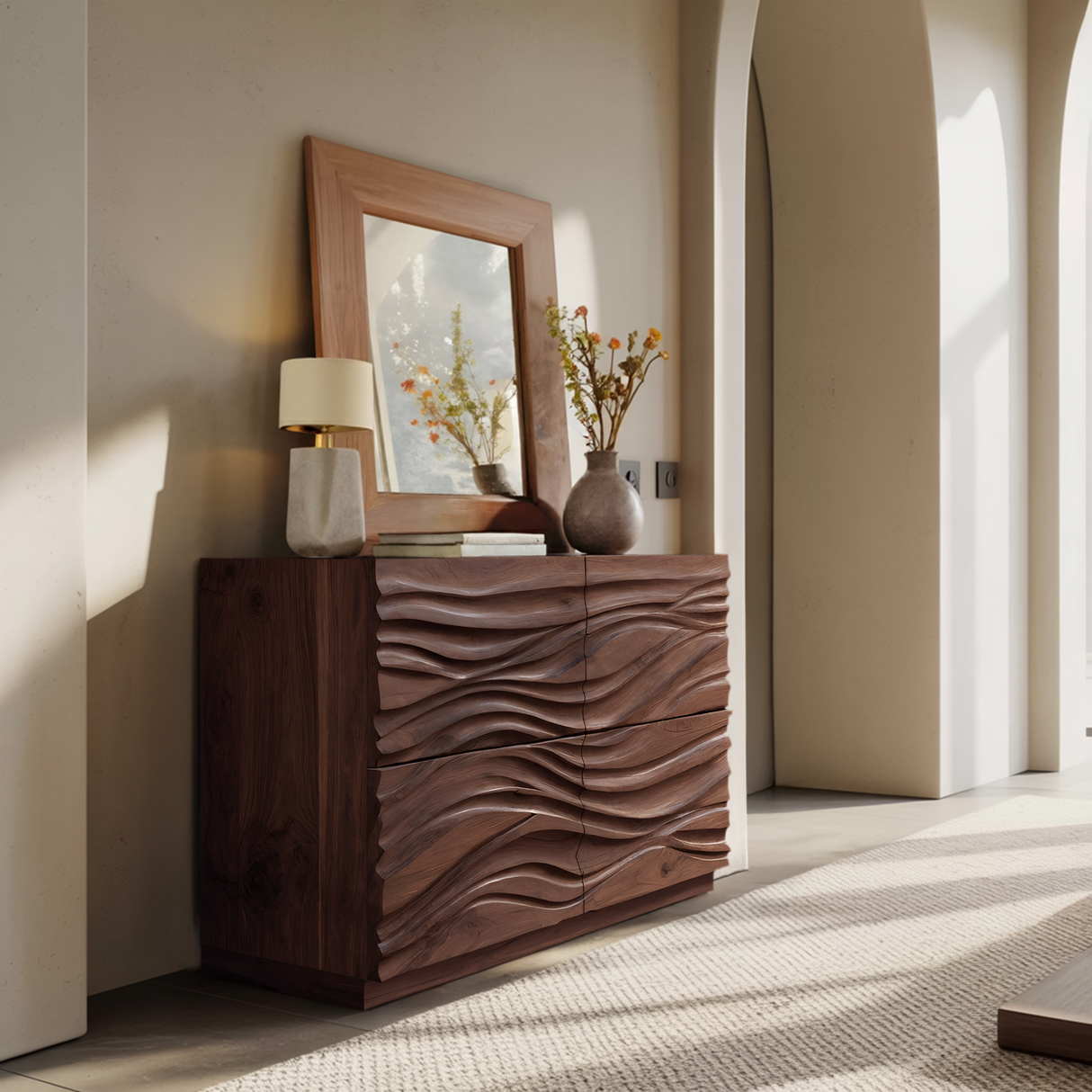 Handcrafted Sideboard Carved Wave Design For Living Decor