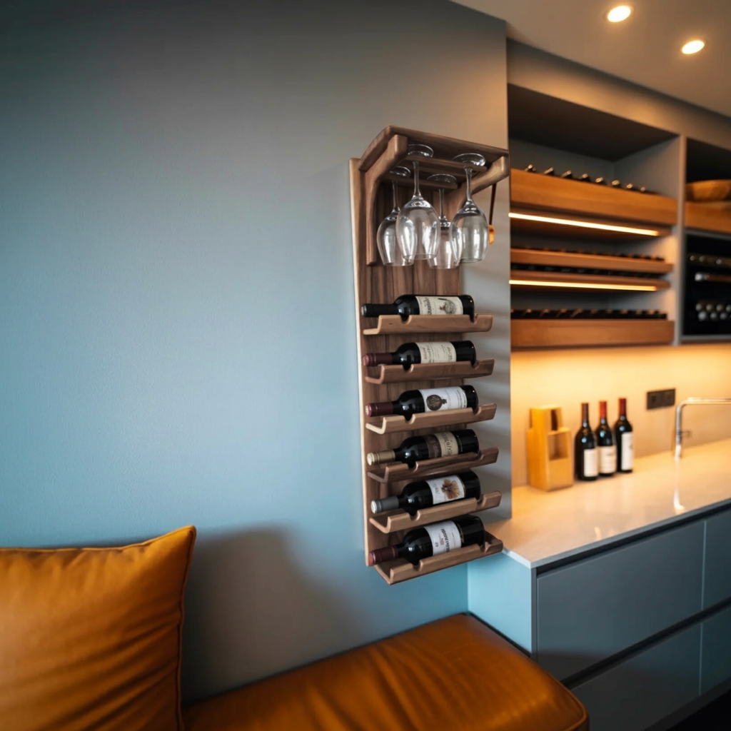 Wall Mounted Wooden Wine Rack With Glass Holder For Kitchen Or Home Bar