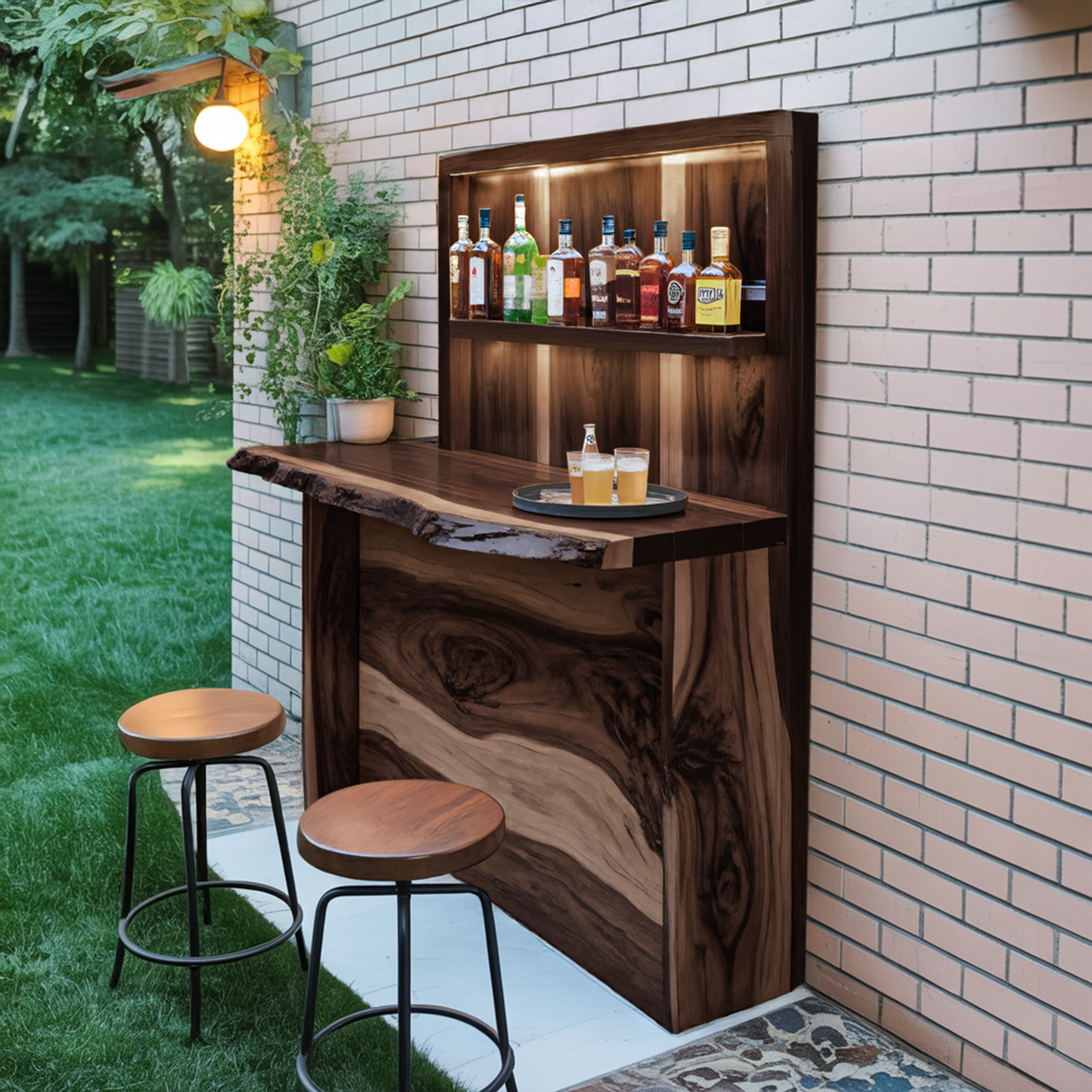 Rustic Live Edge Outdoor Bar Counter With Shelves For Patio