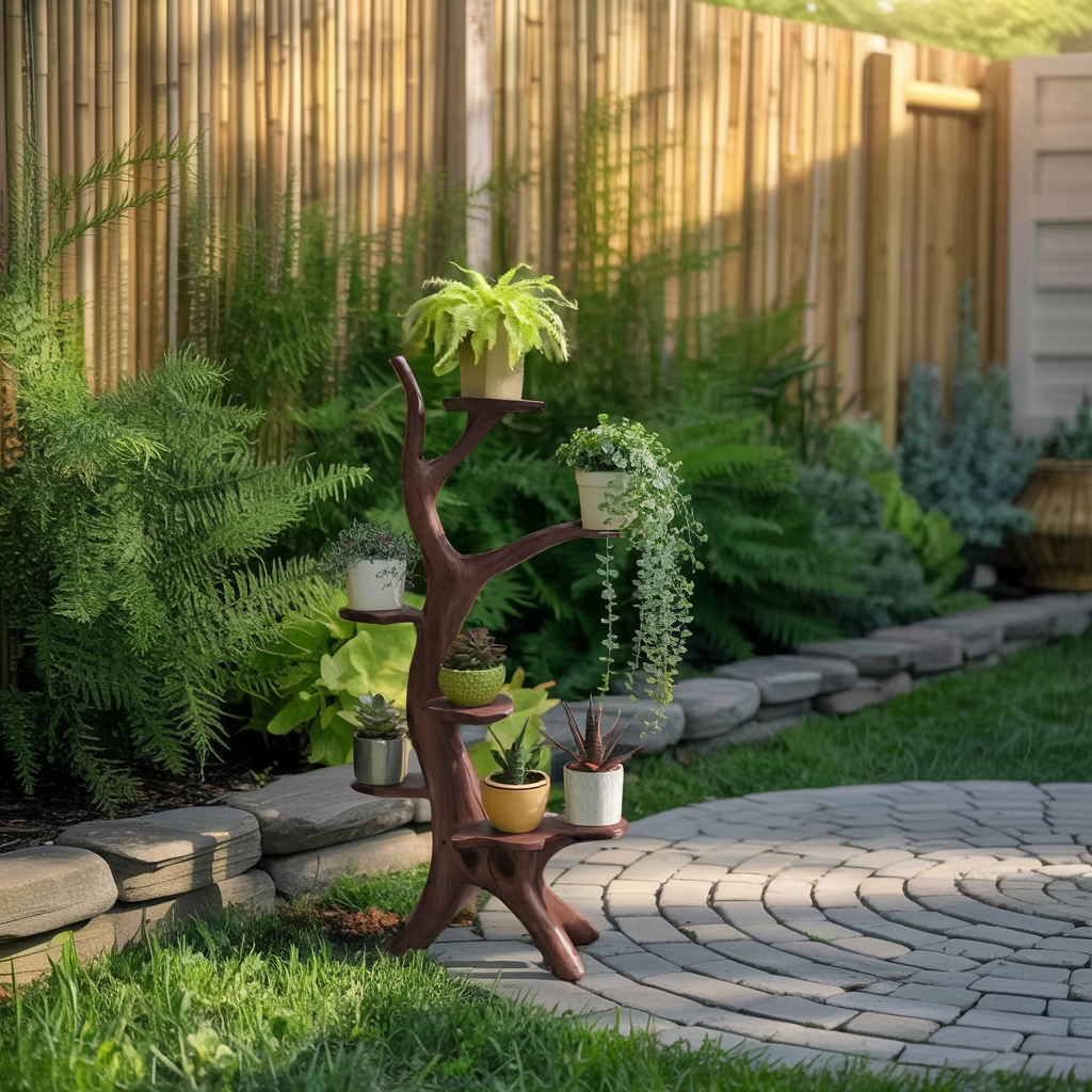 Organic Tree Branch Plant Stand For Garden And Patio Use