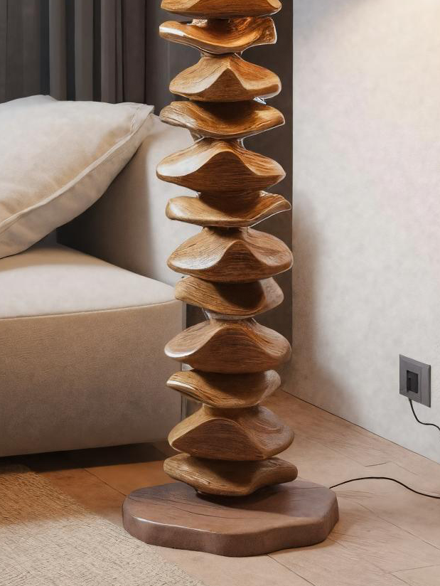Handmade Sculptural Floor Lamp With Carved Base For Living Room