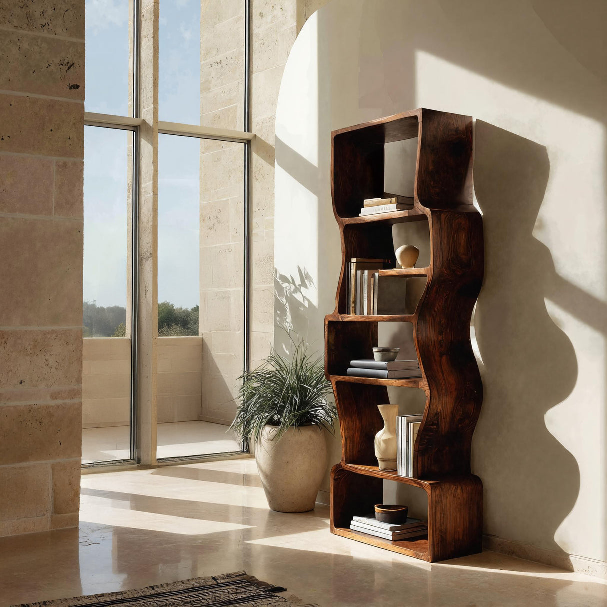 Organic Sculptural Wooden Bookcase For Modern Home