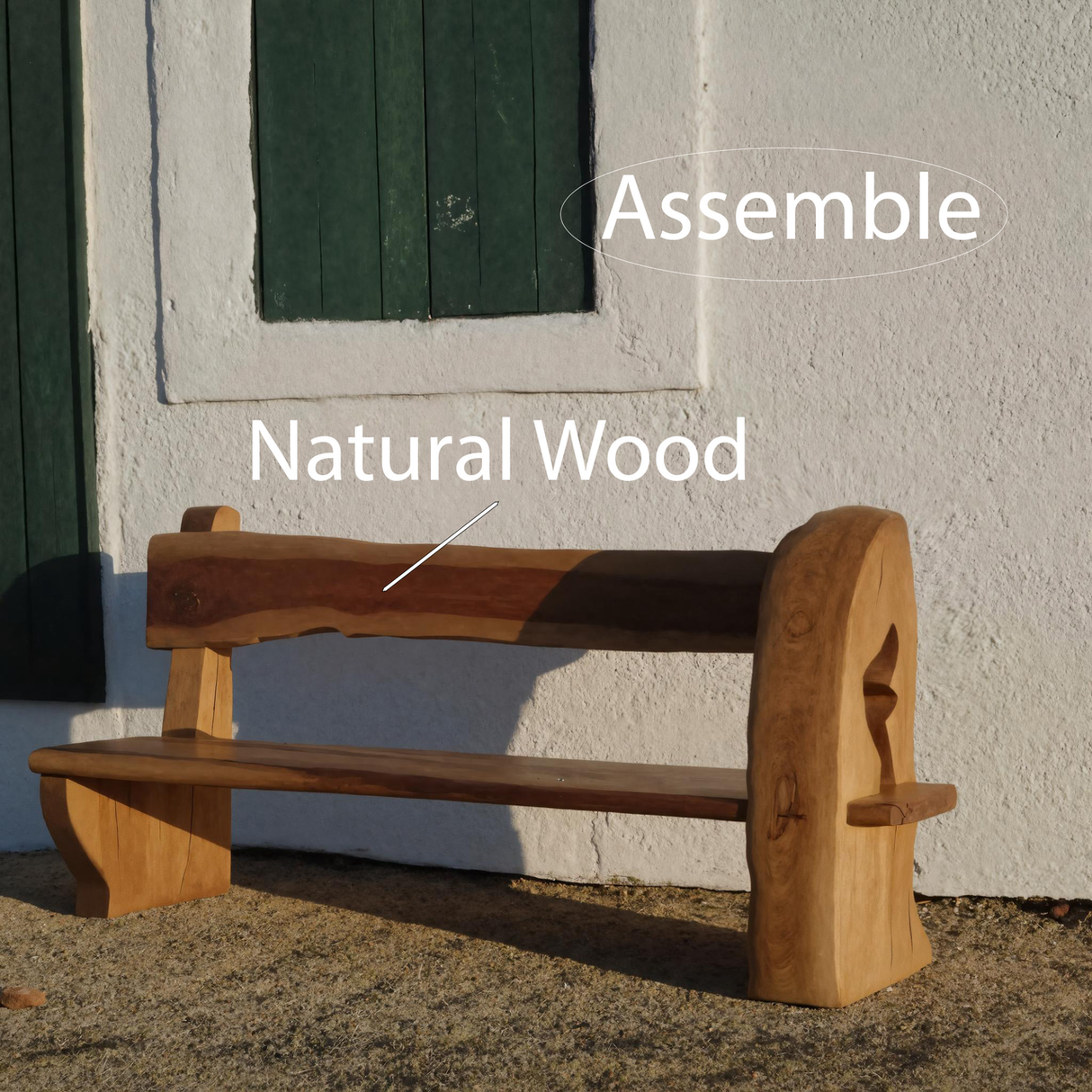 Rustic Organic Bench With Sculptural Armrest For Garden Or Entryway