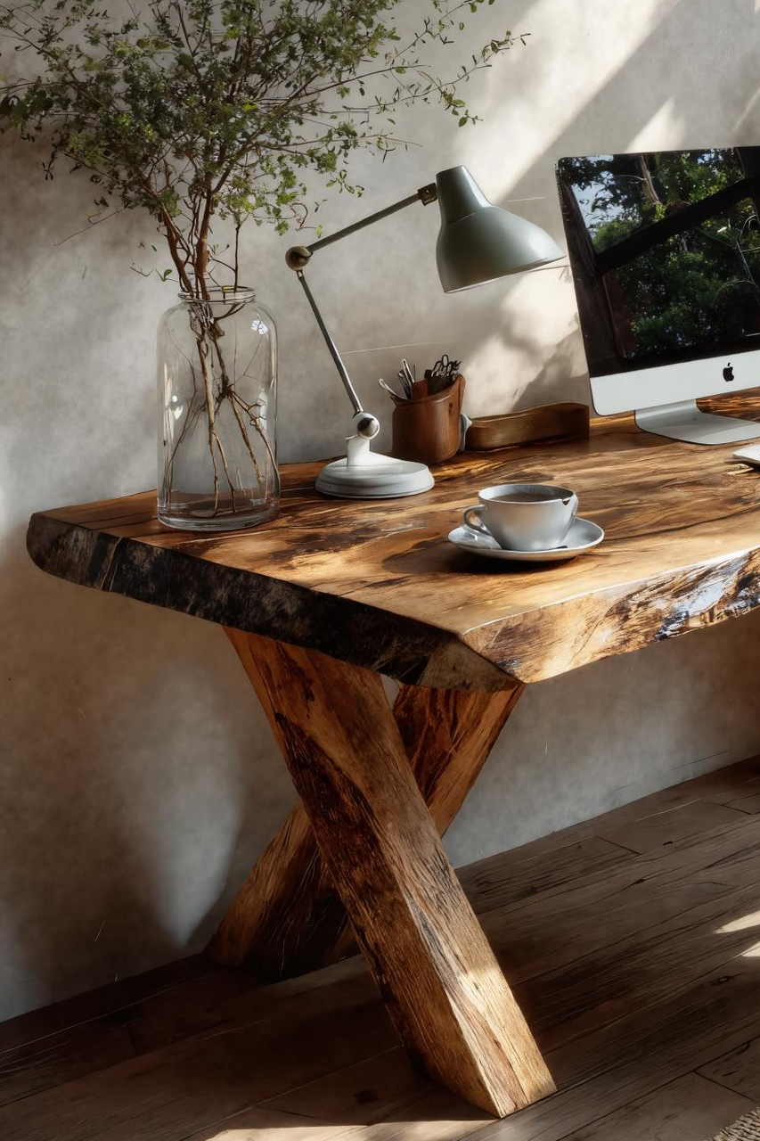 Rustic Live Edge Desk With X Legs For Home Office