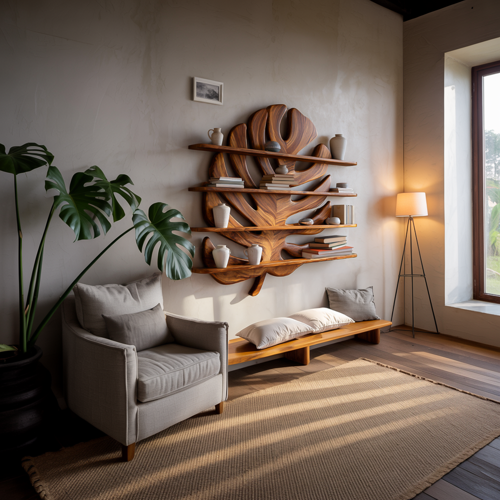 Modern Wooden Tropical Monstera Leaf Floating Bookshelf For Office