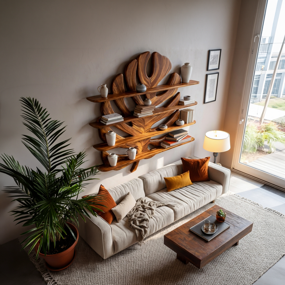 Modern Wooden Tropical Monstera Leaf Floating Bookshelf For Office