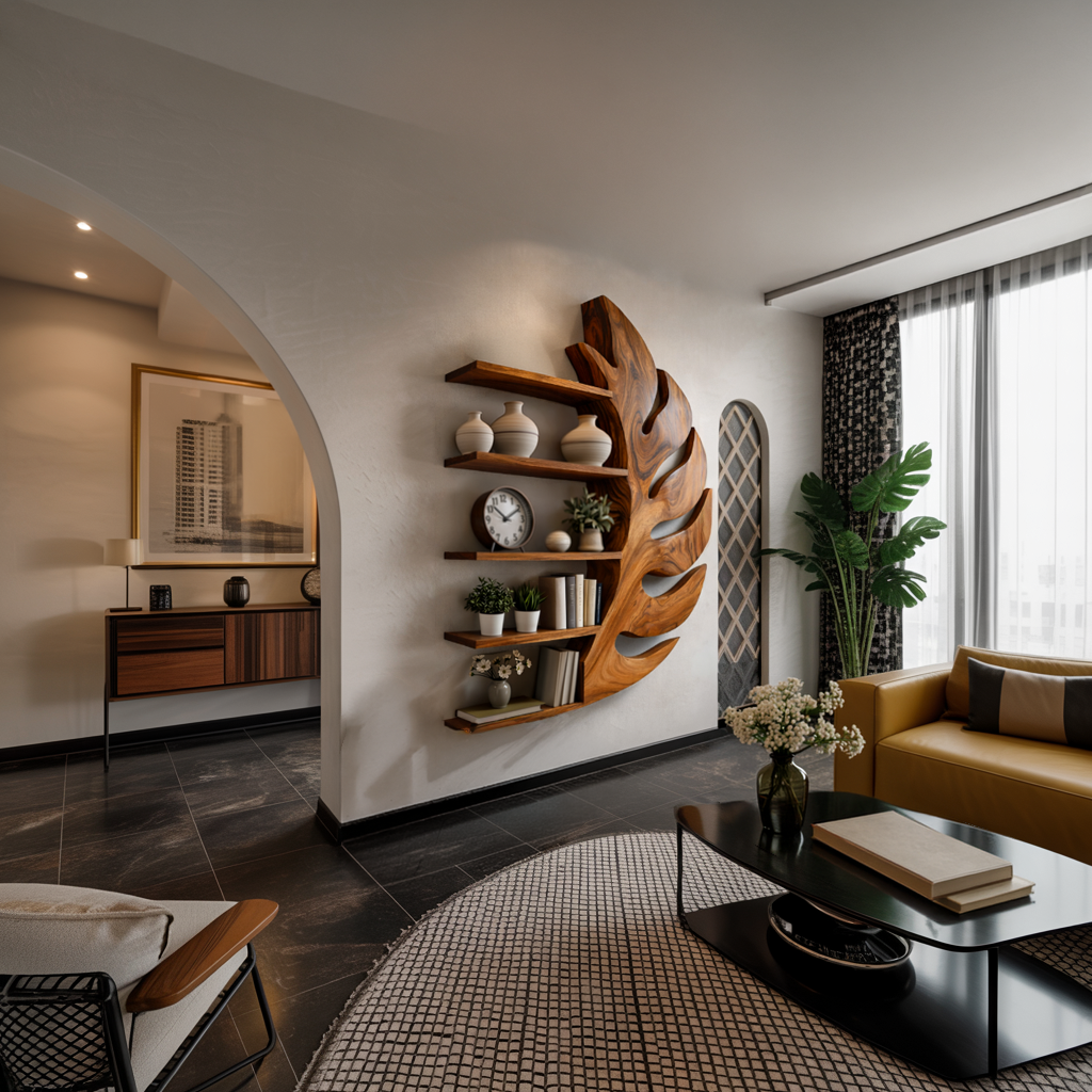 Contemporary Wooden Leaf Shape Floating Bookshelf For Home Decor