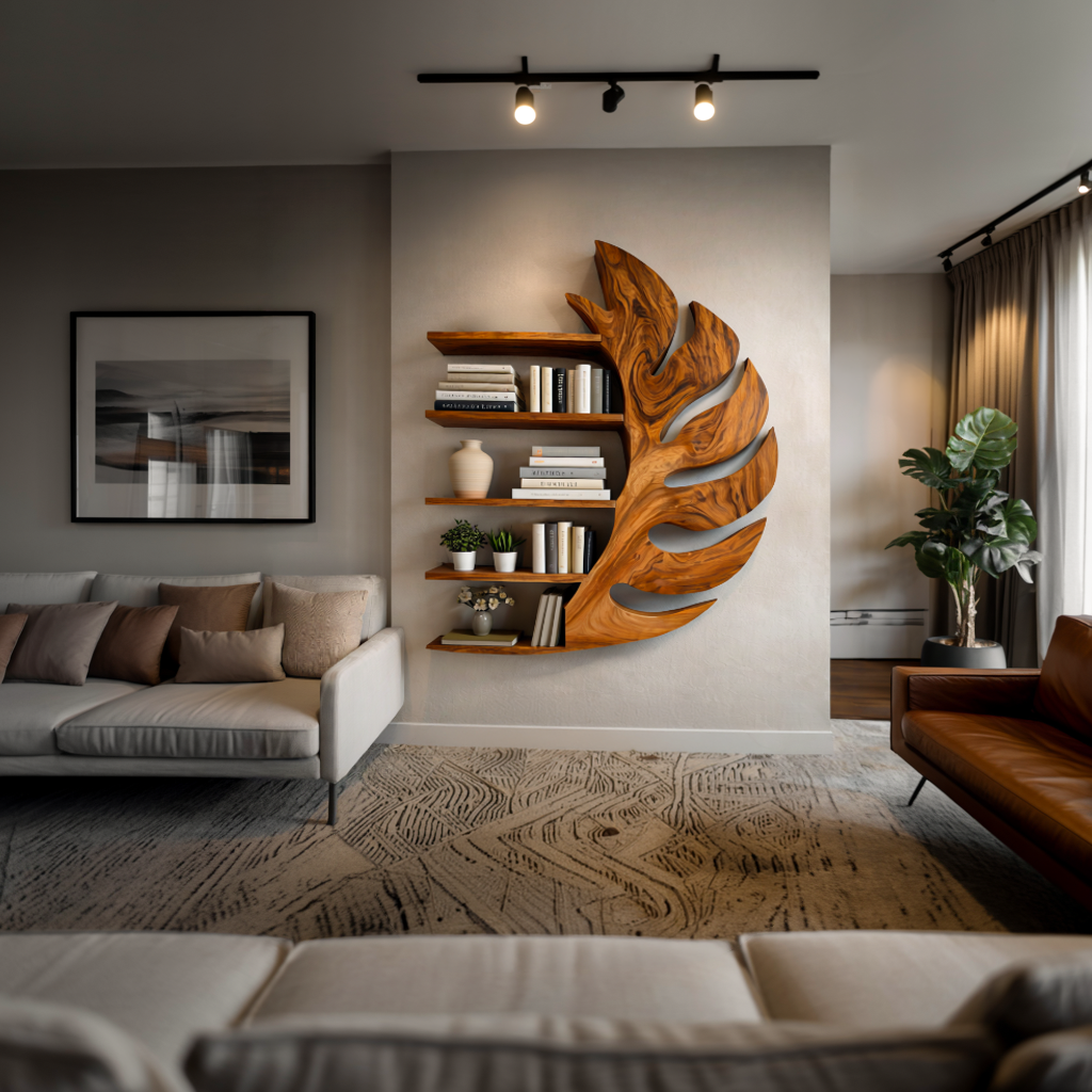 Contemporary Wooden Leaf Shape Floating Bookshelf For Home Decor