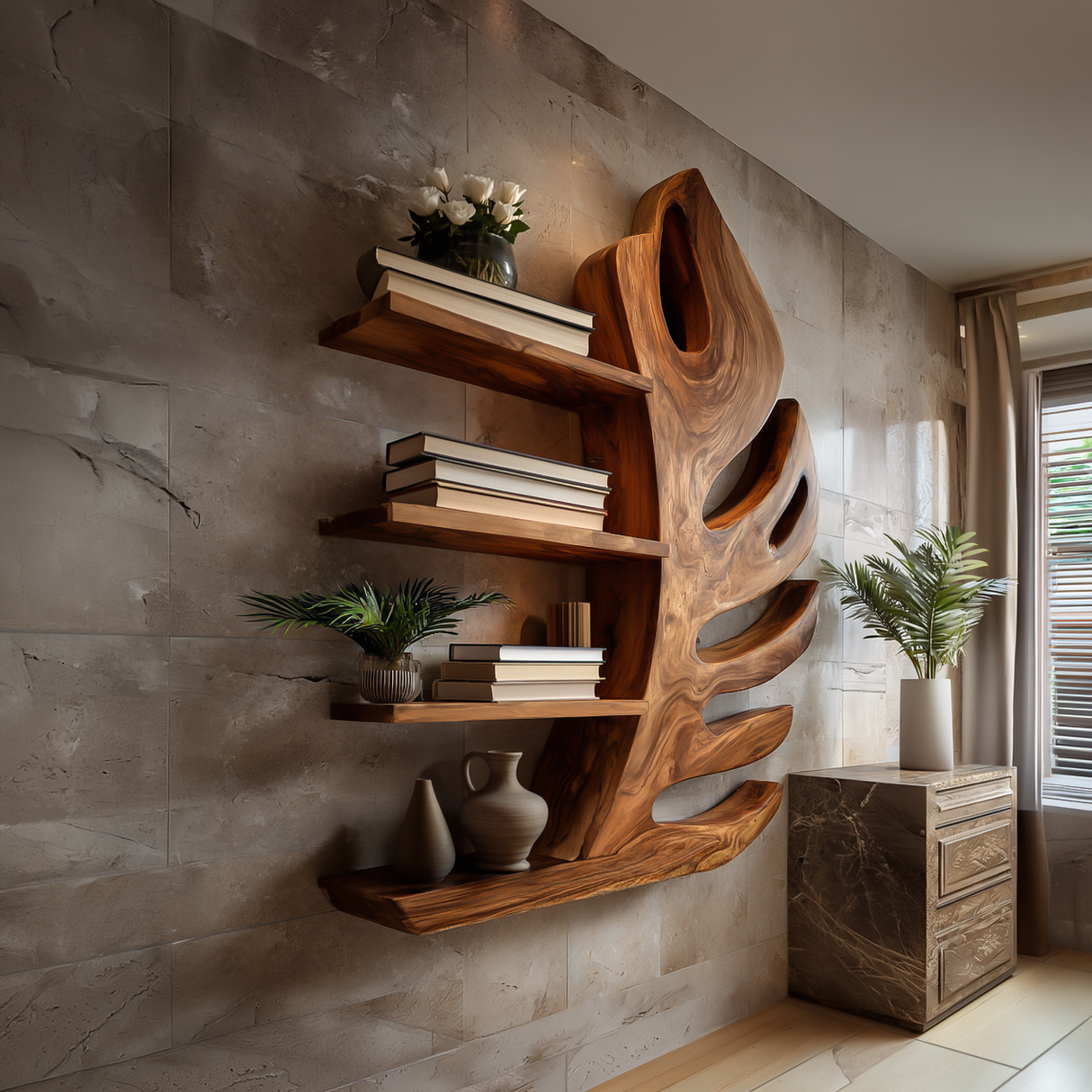 Organic Wooden Botanical Leaf Floating Bookshelf For Living Furniture