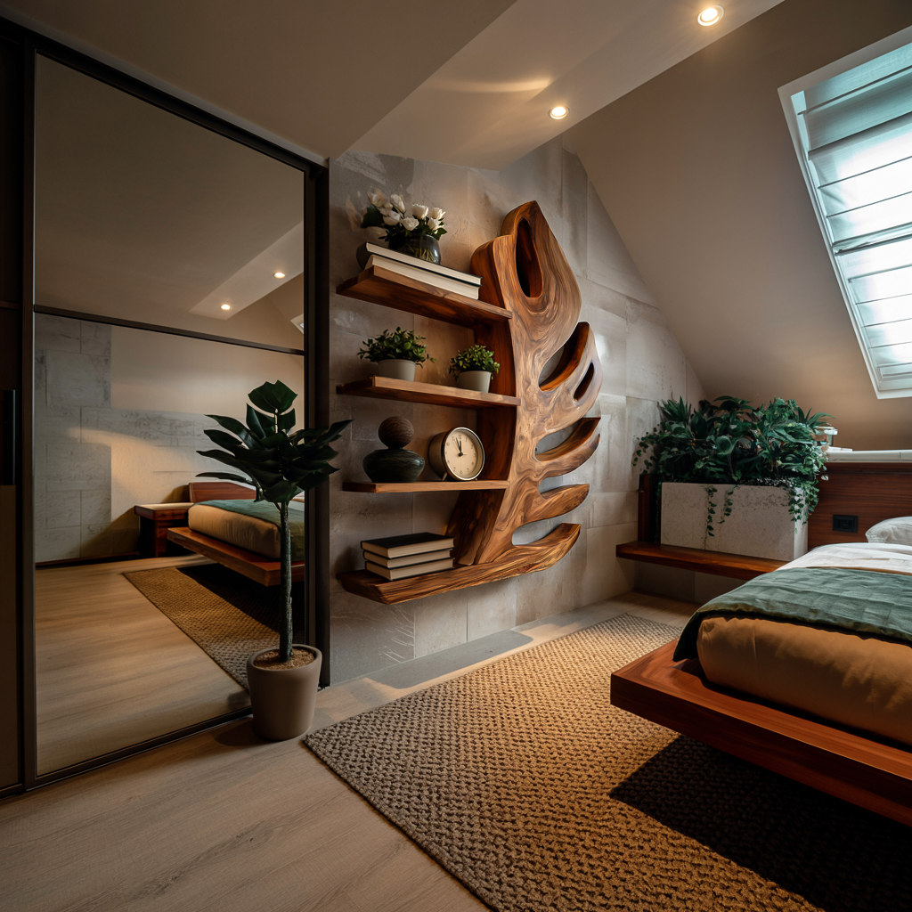 Organic Wooden Botanical Leaf Floating Bookshelf For Living Furniture