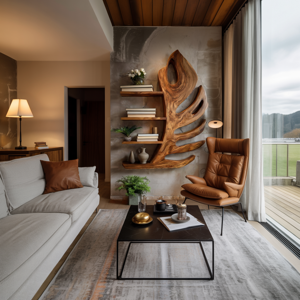 Organic Wooden Botanical Leaf Floating Bookshelf For Living Furniture