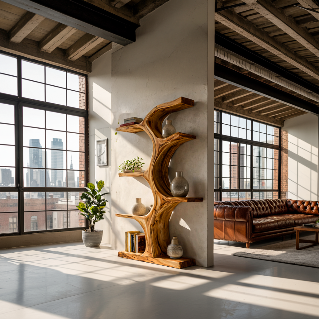 Organic Wooden Bookshelf With Branch Form For Living Room