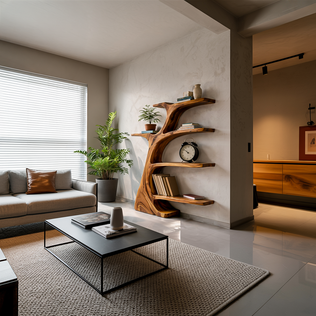 Rustic Wooden Curved Bookshelf Tree Design For Living Room