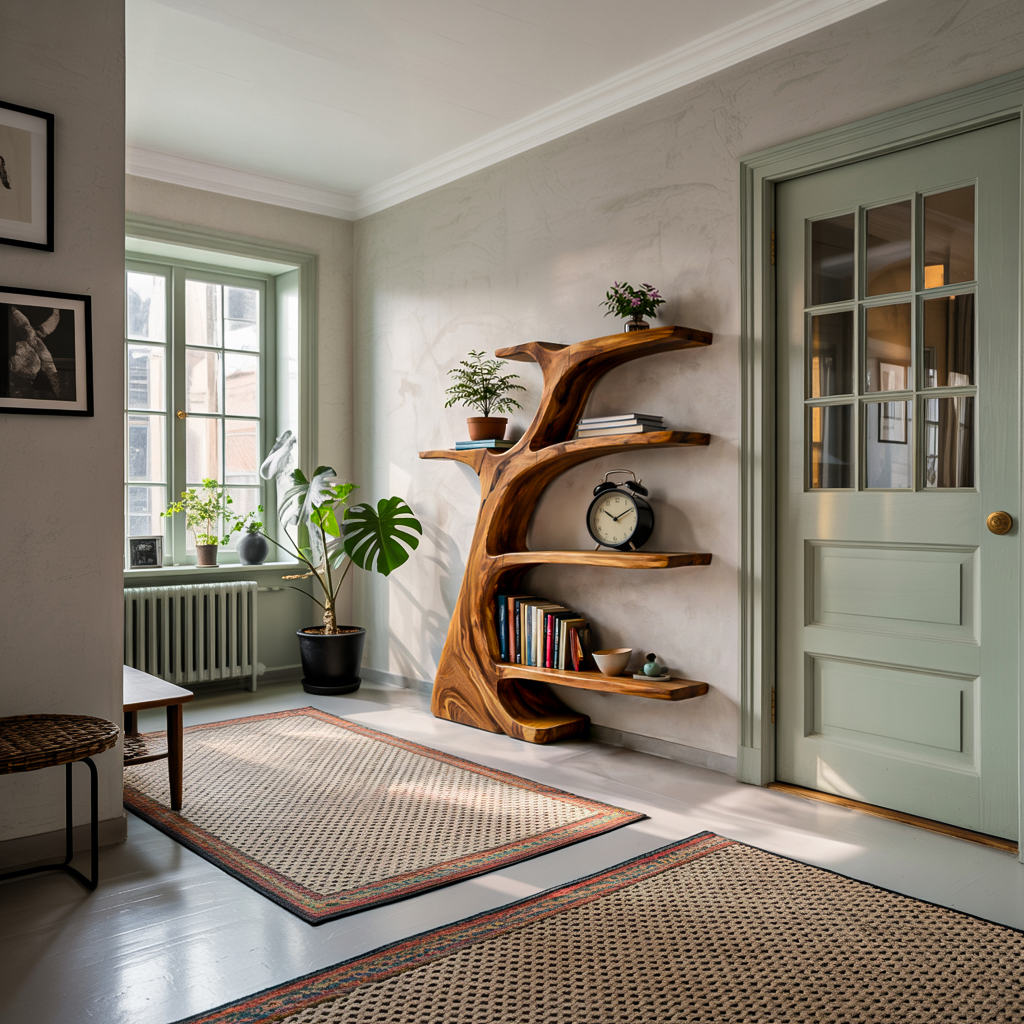 Rustic Wooden Curved Bookshelf Tree Design For Living Room