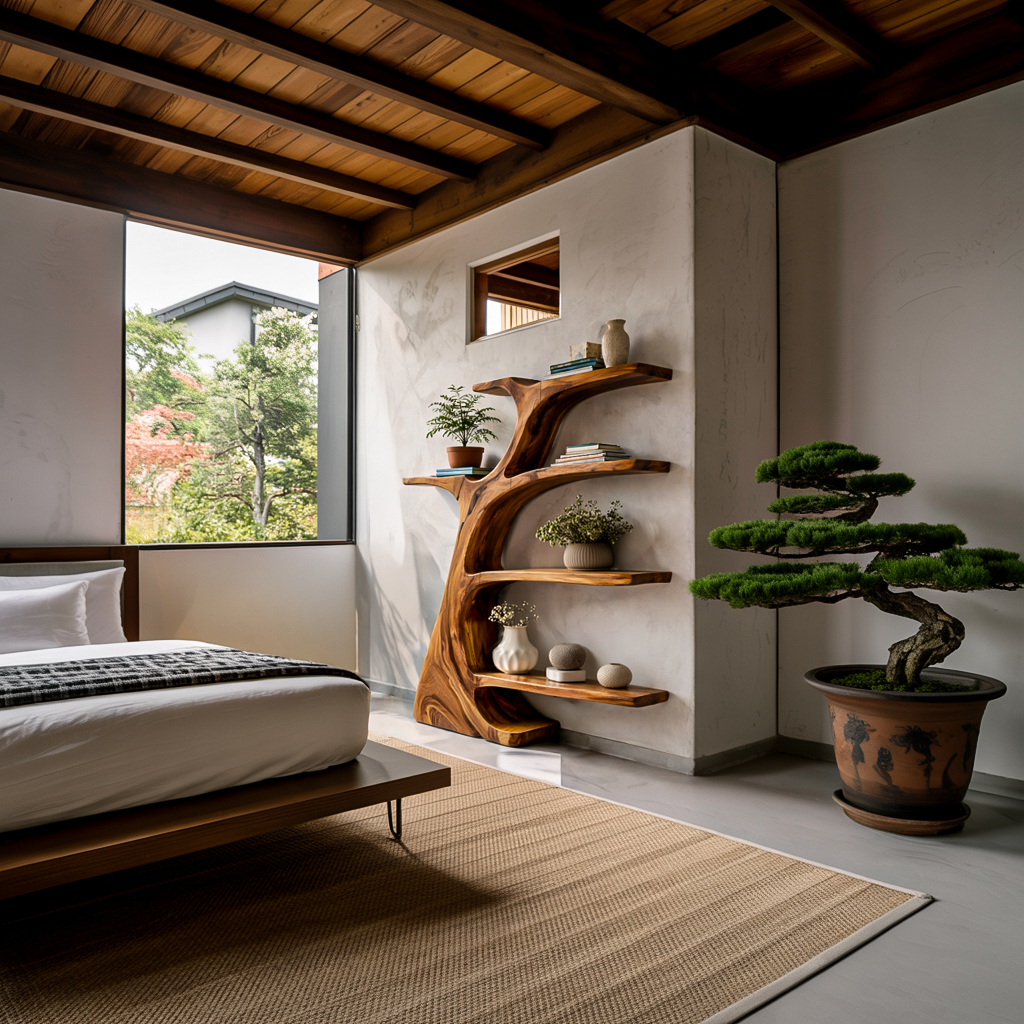Rustic Wooden Curved Bookshelf Tree Design For Living Room