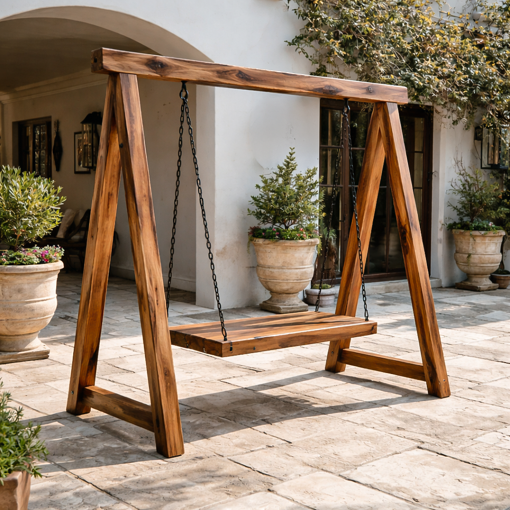 Rustic Wooden Outdoor Swing With A Frame For Garden