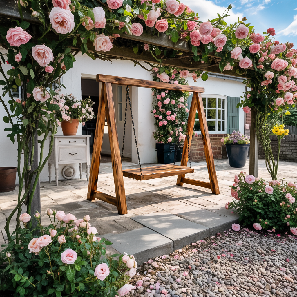 Rustic Wooden Outdoor Swing With A Frame For Garden