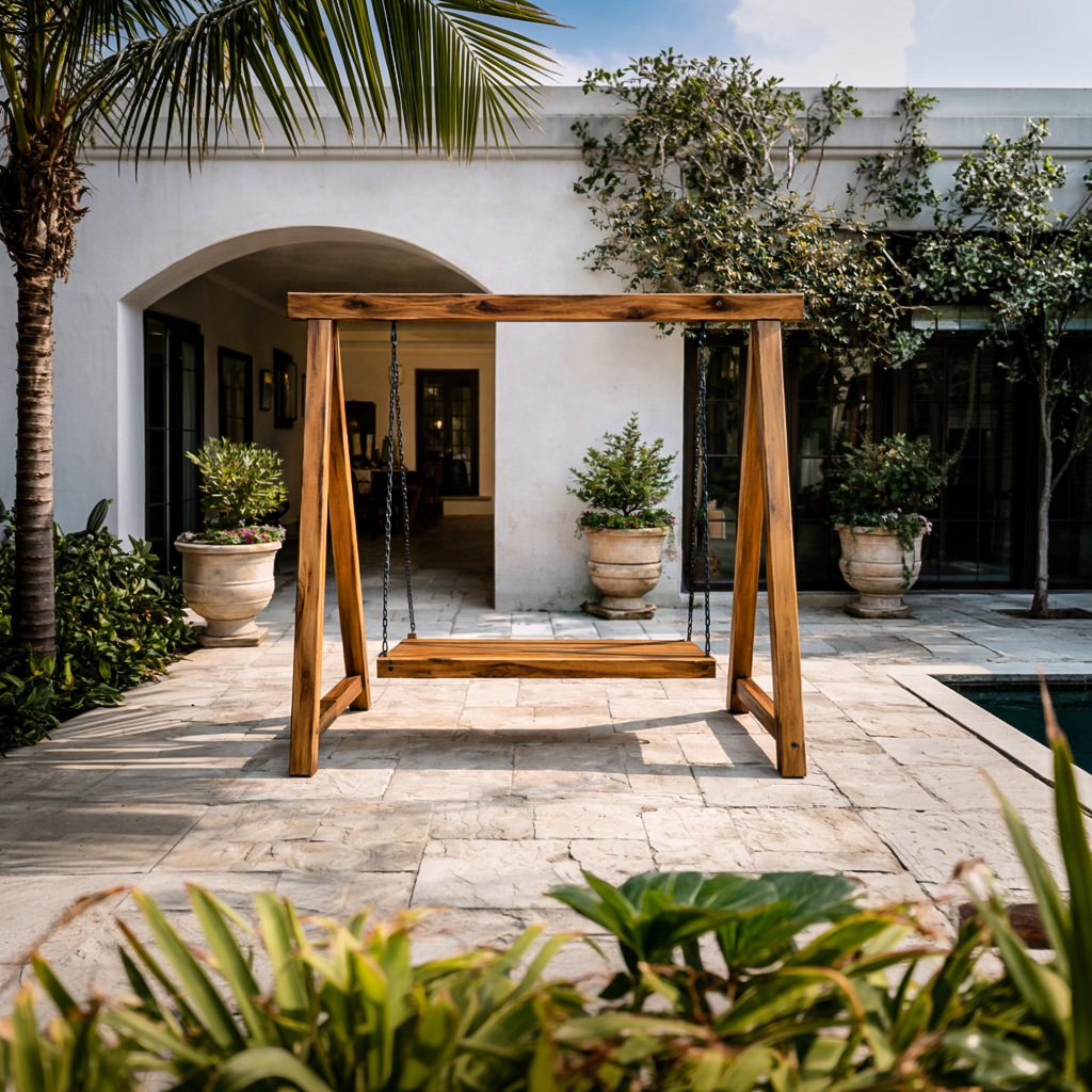 Rustic Wooden Outdoor Swing With A Frame For Garden