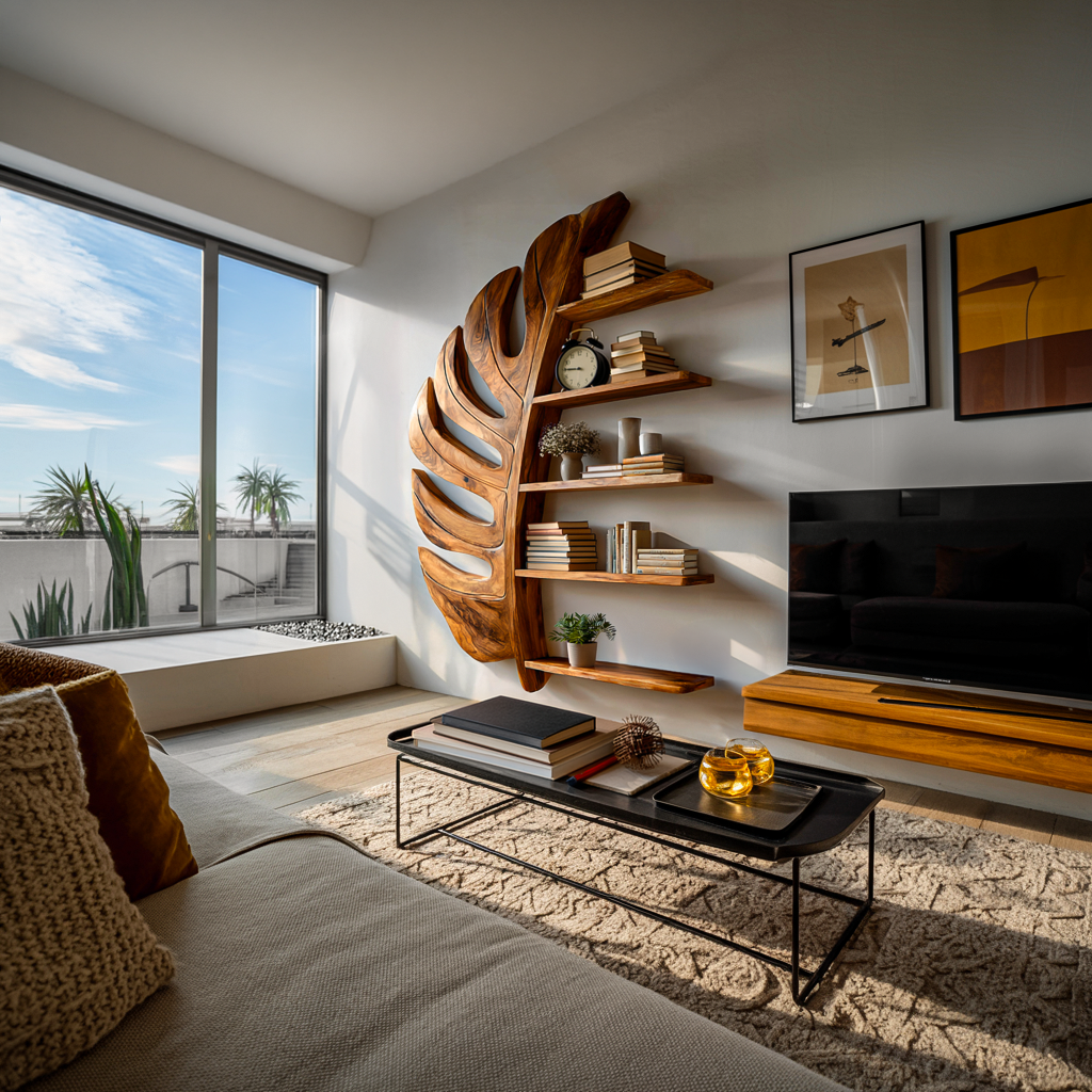 Artistic Wooden Leaf Statement Wall Bookshelf For Elegant Interiors
