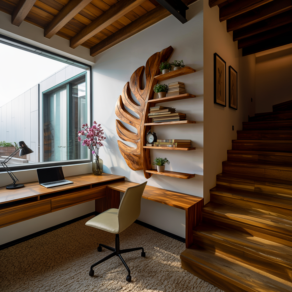 Artistic Wooden Leaf Statement Wall Bookshelf For Elegant Interiors