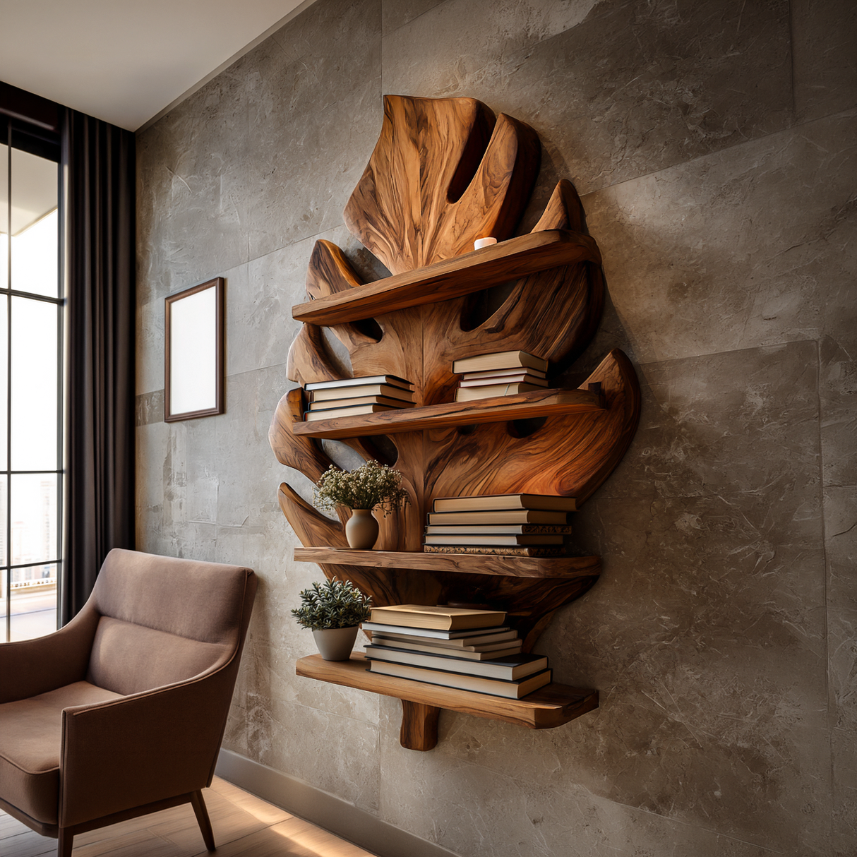 Wooden Tropical Leaf Wall Bookshelf For Living Room