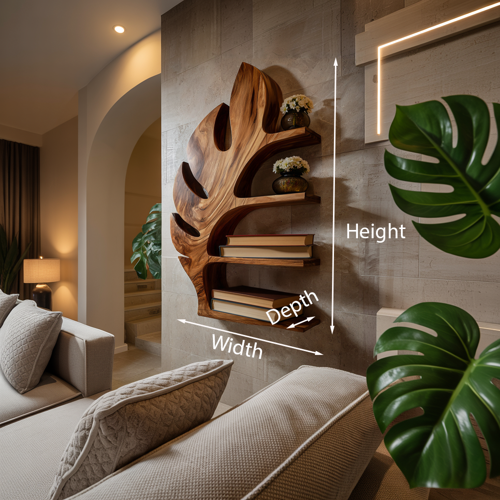 Wood Tropical Botanical Floating Bookshelf For Living Room Accent Wall