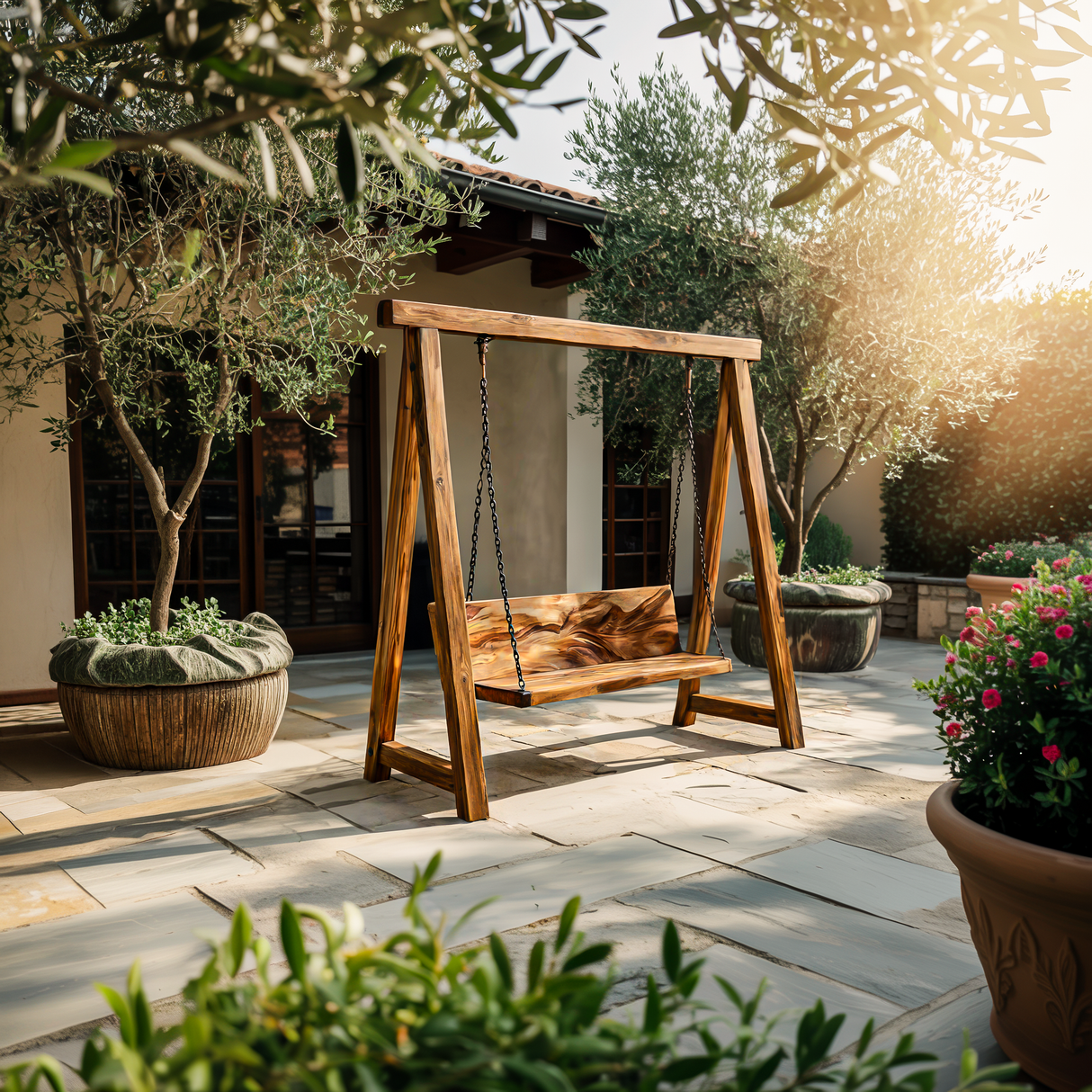 Organic Wood Swing With Backrest For Patio