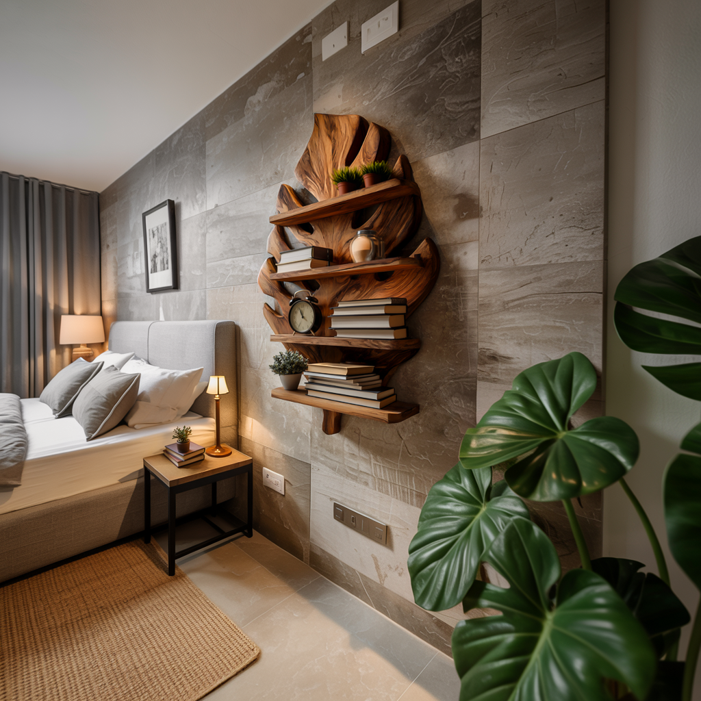 Wooden Tropical Leaf Wall Bookshelf For Living Room