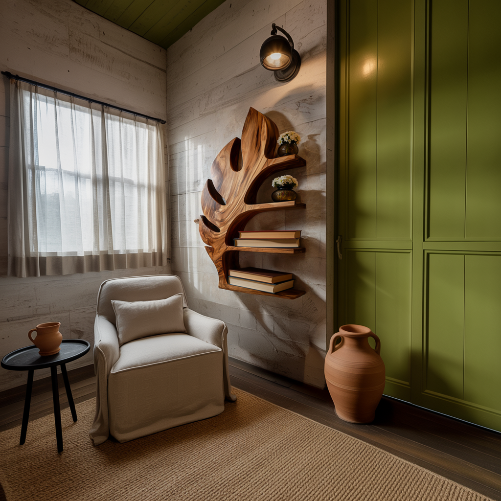 Wood Tropical Botanical Floating Bookshelf For Living Room Accent Wall